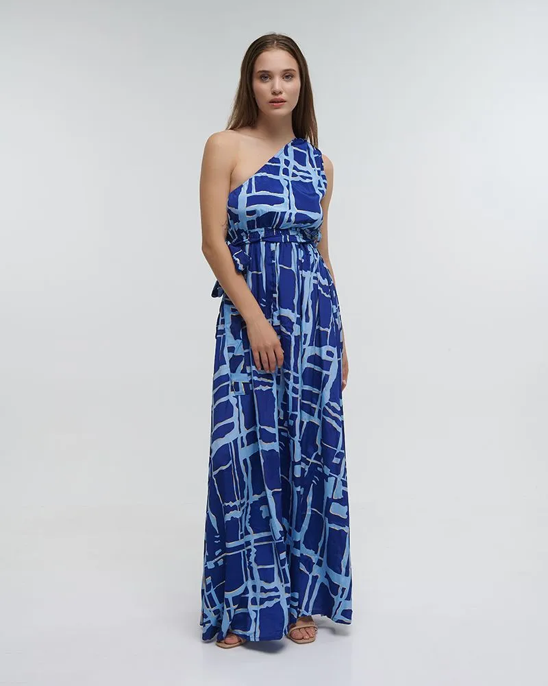 ΦΟΡΕΜΑ ΜΑΚΡΥ ΜΕ 1 ΩΜΟ ”BLOCKS” ΜΠΛΕ ΜΕ ΧΡΥΣΕΣ ΛΕΠΤΟΜΕΡΕΙΕΣ ONE SIZE (100% CREPE)