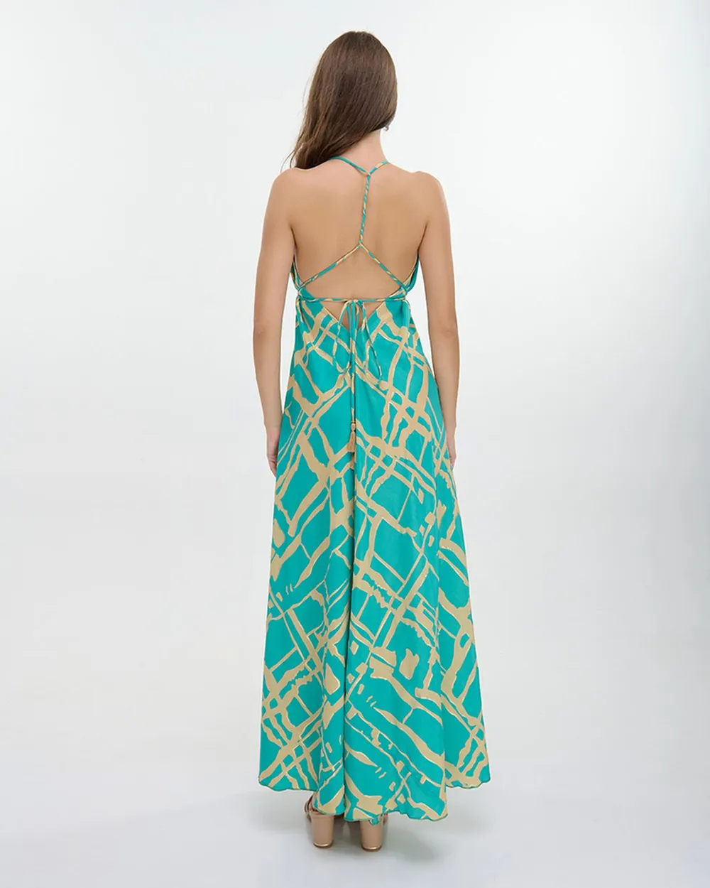 ΦΟΡΕΜΑ ΜΑΚΡΥ ΕΞΩΠΛΑΤΟ ”BLOCKS” ΤΙΡΚΟΥΑΖ ΜΕ ΧΡΥΣΕΣ ΛΕΠΤΟΜΕΡΕΙΕΣ ONE SIZE (100% CREPE)