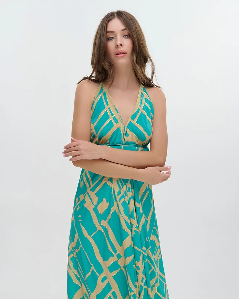 ΦΟΡΕΜΑ ΜΑΚΡΥ ΕΞΩΠΛΑΤΟ ''BLOCKS'' ΤΙΡΚΟΥΑΖ ΜΕ ΧΡΥΣΕΣ ΛΕΠΤΟΜΕΡΕΙΕΣ ONE SIZE (100% CREPE)