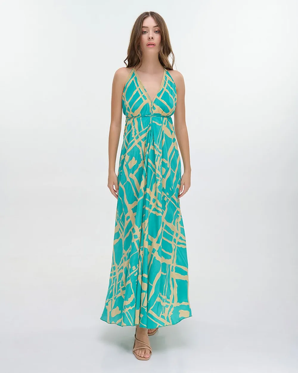 ΦΟΡΕΜΑ ΜΑΚΡΥ ΕΞΩΠΛΑΤΟ ''BLOCKS'' ΤΙΡΚΟΥΑΖ ΜΕ ΧΡΥΣΕΣ ΛΕΠΤΟΜΕΡΕΙΕΣ ONE SIZE (100% CREPE)