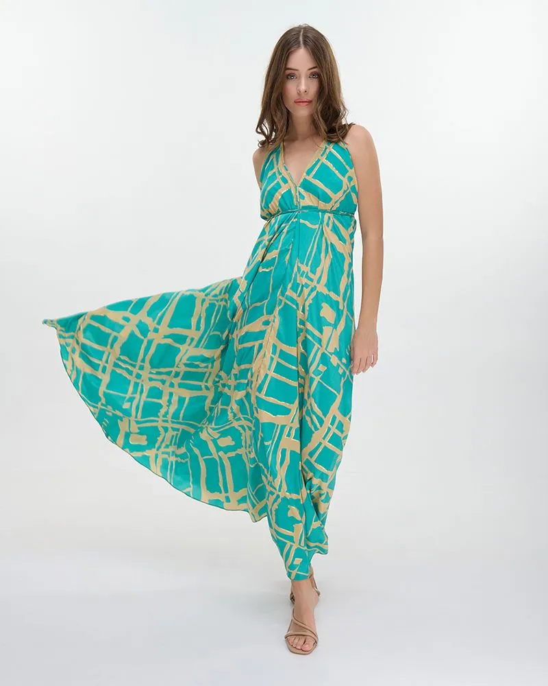 ΦΟΡΕΜΑ ΜΑΚΡΥ ΕΞΩΠΛΑΤΟ ”BLOCKS” ΤΙΡΚΟΥΑΖ ΜΕ ΧΡΥΣΕΣ ΛΕΠΤΟΜΕΡΕΙΕΣ ONE SIZE (100% CREPE)