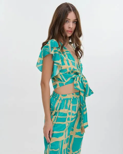 ΤΟΠ ΚΟΝΤΟ ΔΕΤΟ ''BLOCKS'' ΤΙΡΚΟΥΑΖ ΜΕ ΧΡΥΣΕΣ ΛΕΠΤΟΜΕΡΕΙΕΣ ONE SIZE (100% CREPE)