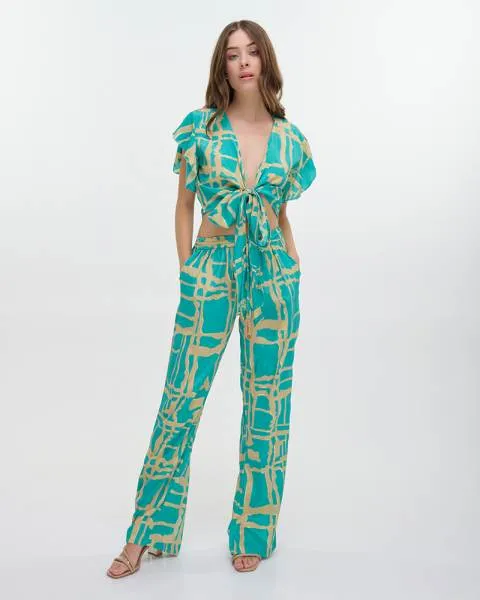 ΤΟΠ ΚΟΝΤΟ ΔΕΤΟ ''BLOCKS'' ΤΙΡΚΟΥΑΖ ΜΕ ΧΡΥΣΕΣ ΛΕΠΤΟΜΕΡΕΙΕΣ ONE SIZE (100% CREPE)