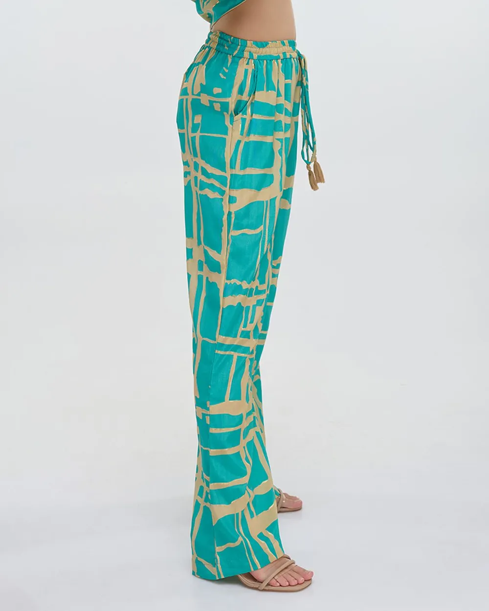 ΠΑΝΤΕΛΟΝΑ ΜΕ ΤΣΕΠΕΣ ''BLOCKS'' ΤΙΡΚΟΥΑΖ ΜΕ ΧΡΥΣΕΣ ΛΕΠΤΟΜΕΡΕΙΕΣ S/M (100% CREPE)