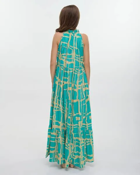 ΦΟΡΕΜΑ ΜΑΚΡΥ ΑΜΑΝΙΚΟ ”BLOCKS” ΤΙΡΚΟΥΑΖ ΜΕ ΧΡΥΣΕΣ ΛΕΠΤΟΜΕΡΕΙΕΣ ONE SIZE (100% CREPE)