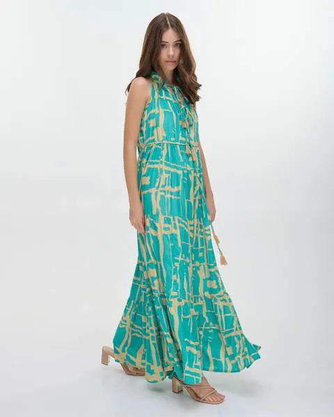 ΦΟΡΕΜΑ ΜΑΚΡΥ ΑΜΑΝΙΚΟ ''BLOCKS'' ΤΙΡΚΟΥΑΖ ΜΕ ΧΡΥΣΕΣ ΛΕΠΤΟΜΕΡΕΙΕΣ ONE SIZE (100% CREPE)