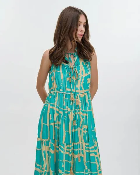 ΦΟΡΕΜΑ ΜΑΚΡΥ ΑΜΑΝΙΚΟ ''BLOCKS'' ΤΙΡΚΟΥΑΖ ΜΕ ΧΡΥΣΕΣ ΛΕΠΤΟΜΕΡΕΙΕΣ ONE SIZE (100% CREPE)