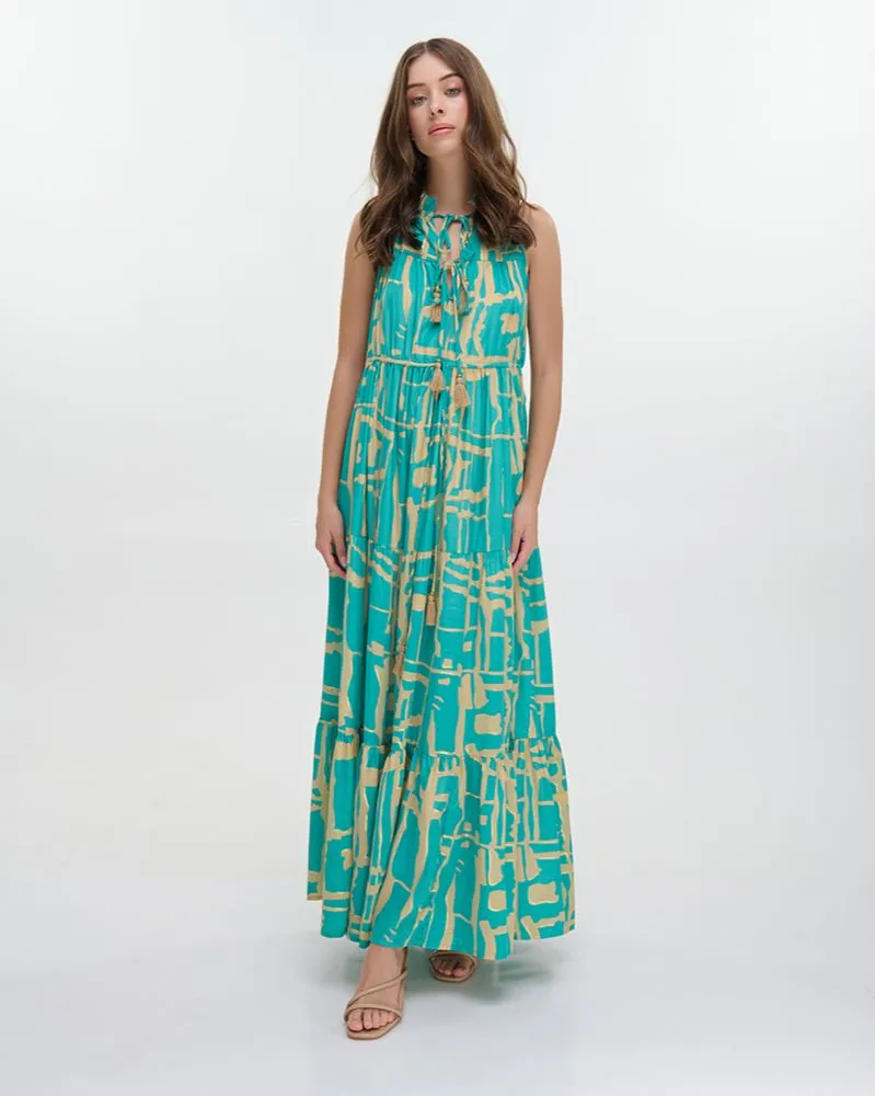 ΦΟΡΕΜΑ ΜΑΚΡΥ ΑΜΑΝΙΚΟ ”BLOCKS” ΤΙΡΚΟΥΑΖ ΜΕ ΧΡΥΣΕΣ ΛΕΠΤΟΜΕΡΕΙΕΣ ONE SIZE (100% CREPE)