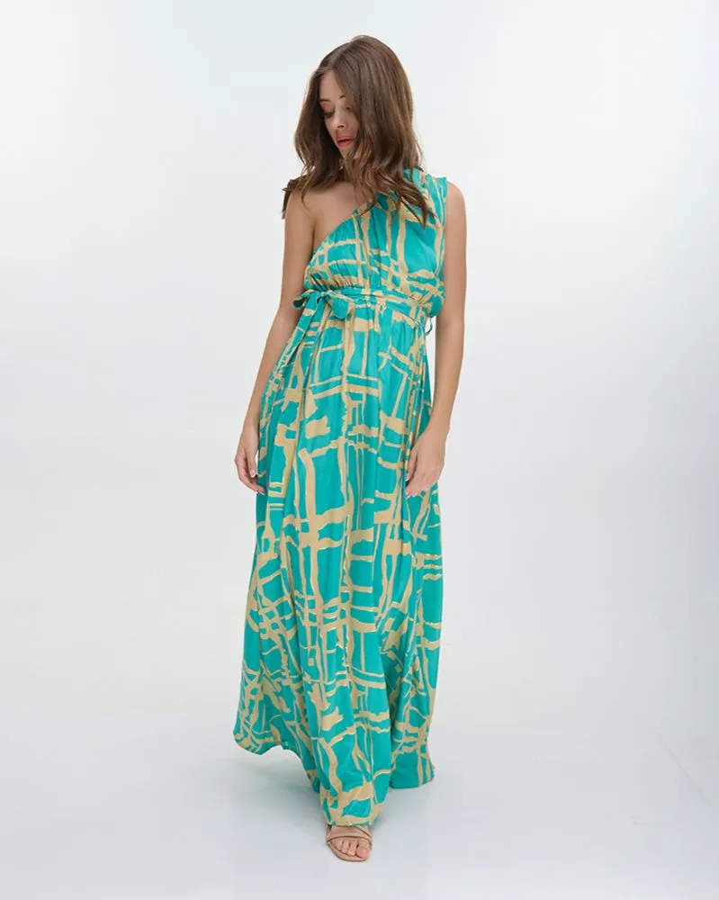 ΦΟΡΕΜΑ ΜΑΚΡΥ ΜΕ 1 ΩΜΟ ”BLOCKS” ΤΙΡΚΟΥΑΖ ΜΕ ΧΡΥΣΕΣ ΛΕΠΤΟΜΕΡΕΙΕΣ ONE SIZE (100% CREPE)