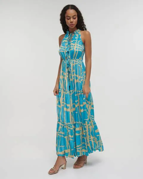 ΦΟΡΕΜΑ ΜΑΚΡΥ ΑΜΑΝΙΚΟ ''BLOCKS'' ΓΑΛΑΖΙΟ ΜΕ ΧΡΥΣΕΣ ΛΕΠΤΟΜΕΡΕΙΕΣ ONE SIZE (100% CREPE)