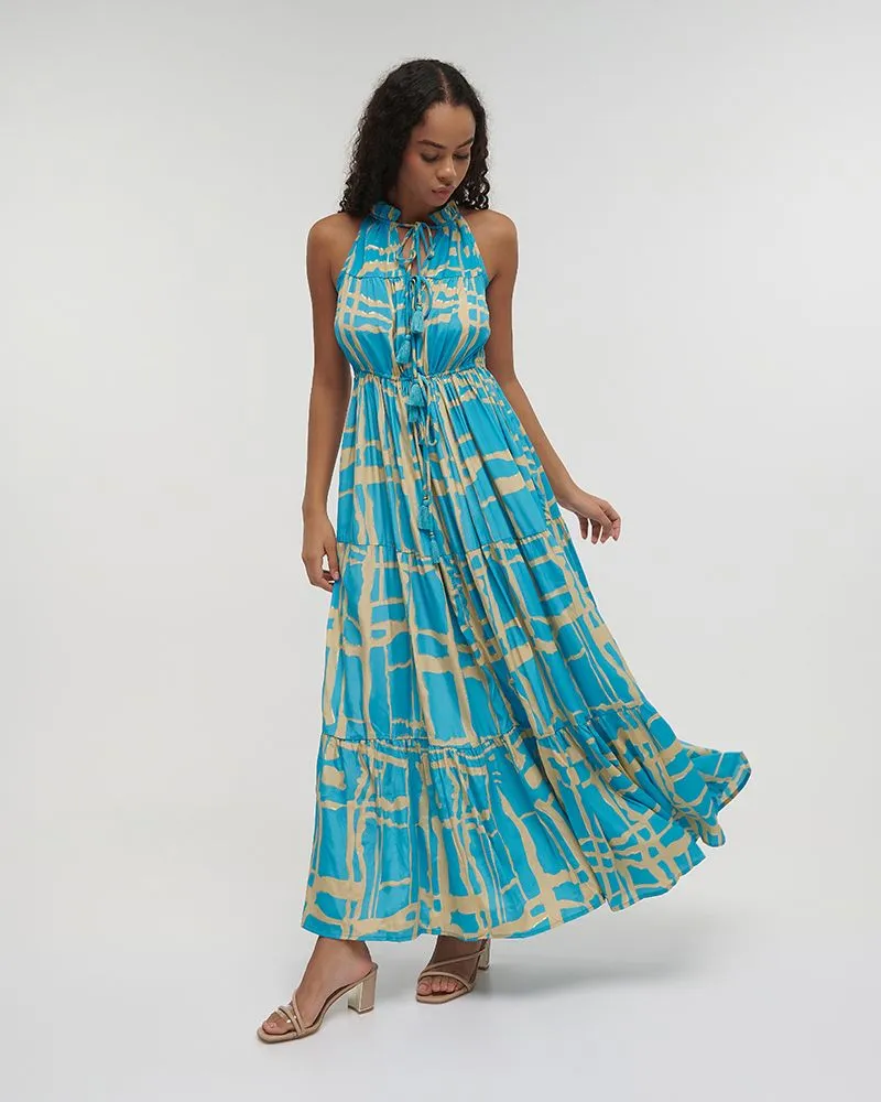 ΦΟΡΕΜΑ ΜΑΚΡΥ ΑΜΑΝΙΚΟ ”BLOCKS” ΓΑΛΑΖΙΟ ΜΕ ΧΡΥΣΕΣ ΛΕΠΤΟΜΕΡΕΙΕΣ ONE SIZE (100% CREPE)