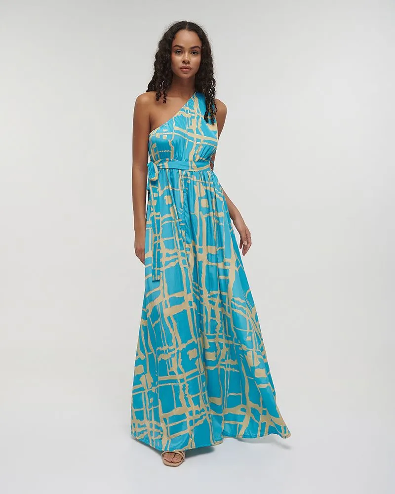 ΦΟΡΕΜΑ ΜΑΚΡΥ ΜΕ 1 ΩΜΟ ”BLOCKS” ΓΑΛΑΖΙΟ ΜΕ ΧΡΥΣΕΣ ΛΕΠΤΟΜΕΡΕΙΕΣ ONE SIZE (100% CREPE)