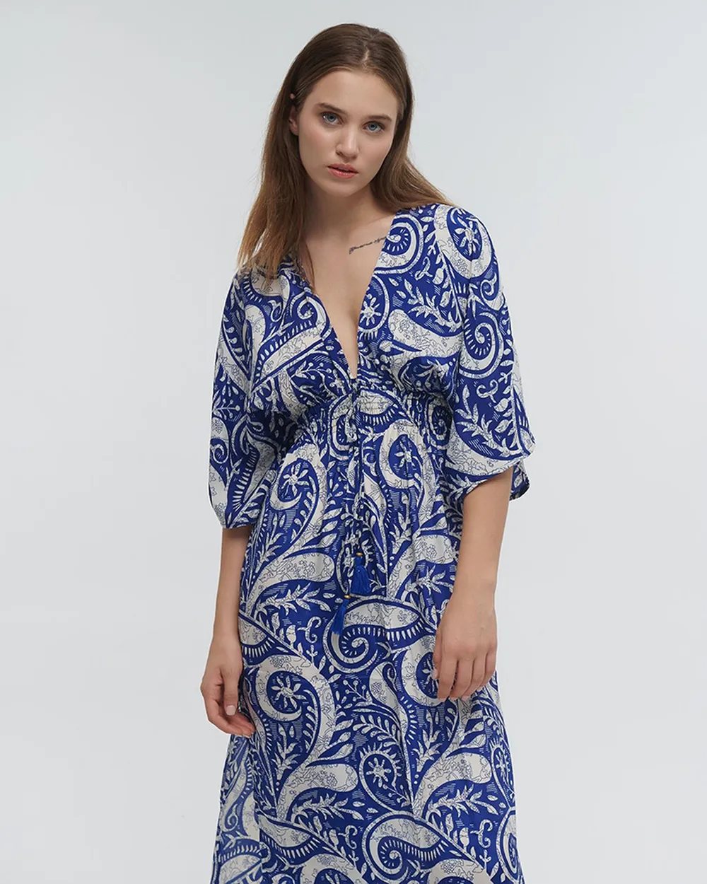 ΦΟΡΕΜΑ ΜΑΚΡΥ ΜΕ 3/4 ΜΑΝΙΚΙ ΕΜΠΡΙΜΕ ΜΠΛΕ ONE SIZE (100% RAYON)