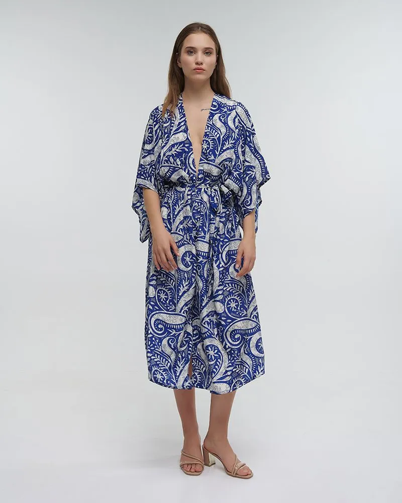 ΚΙΜΟΝΟ ΜΑΚΡΥ ΜΕ ΖΩΝΗ ΕΜΠΡΙΜΕ ΜΠΛΕ ONE SIZE (100% RAYON)