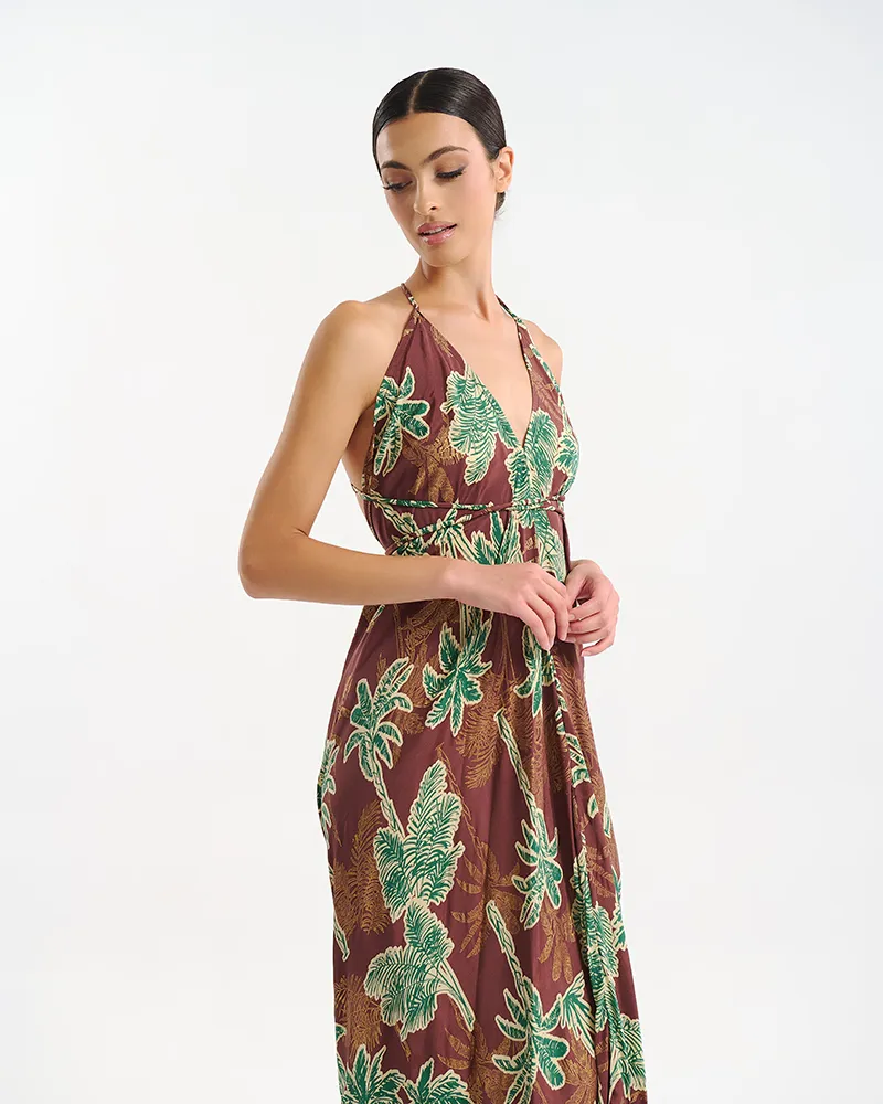 ΦΟΡΕΜΑ ΜΑΚΡΥ ΕΞΩΠΛΑΤΟ ΚΑΦΕ/ΠΡΑΣΙΝΟ ΦΟΙΝΙΚΕΣ ONE SIZE (60% SILK 40% POLYESTER)