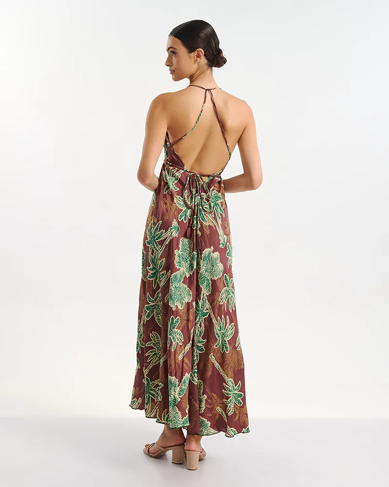 ΦΟΡΕΜΑ ΜΑΚΡΥ ΕΞΩΠΛΑΤΟ ΚΑΦΕ/ΠΡΑΣΙΝΟ ΦΟΙΝΙΚΕΣ ONE SIZE (60% SILK 40% POLYESTER)