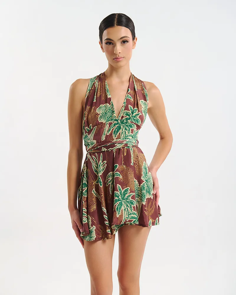 ΦΟΡΕΜΑ ΚΟΝΤΟ ΠΟΛΥΜΟΡΦΙΚΟ ΚΑΦΕ/ΠΡΑΣΙΝΟ ΦΟΙΝΙΚΕΣ ONE SIZE  (60% SILK 40% POLYESTER)