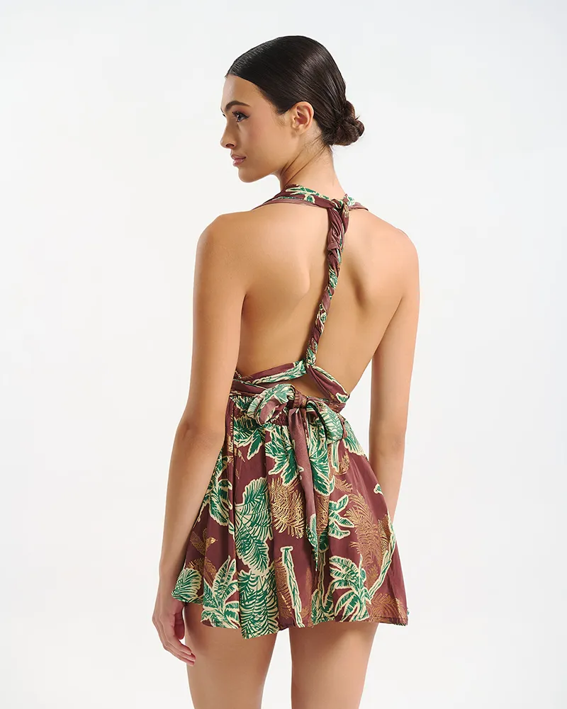 ΦΟΡΕΜΑ ΚΟΝΤΟ ΠΟΛΥΜΟΡΦΙΚΟ ΚΑΦΕ/ΠΡΑΣΙΝΟ ΦΟΙΝΙΚΕΣ ONE SIZE  (60% SILK 40% POLYESTER)