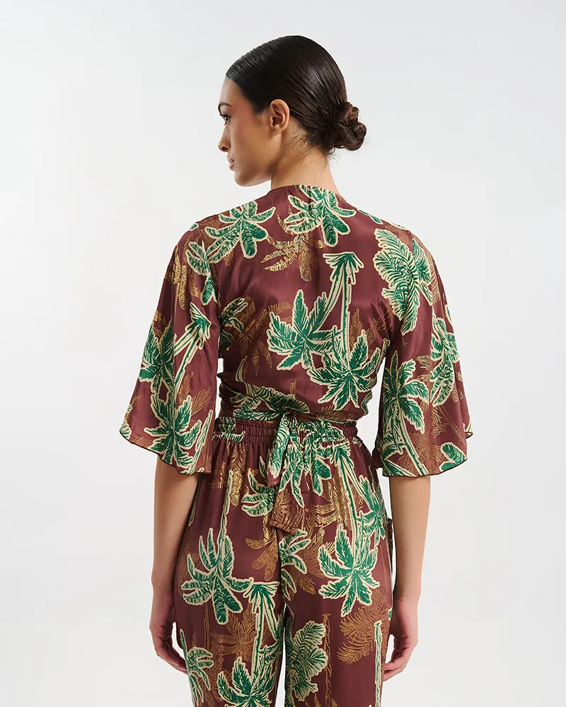 ΤΟΠ ΚΟΝΤΟ ΜΕ 3/4 ΜΑΝΙΚΙ ΔΕΤΟ ΚΑΦΕ/ΠΡΑΣΙΝΟ ΦΟΙΝΙΚΕΣ ONE SIZE  (60% SILK 40% POLYESTER)