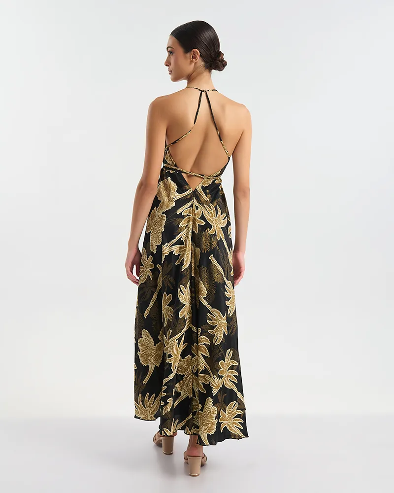 ΦΟΡΕΜΑ ΜΑΚΡΥ ΕΞΩΠΛΑΤΟ ΜΑΥΡΟ/ΧΡΥΣΟ ΦΟΙΝΙΚΕΣ ONE SIZE  (60% SILK 40% POLYESTER)