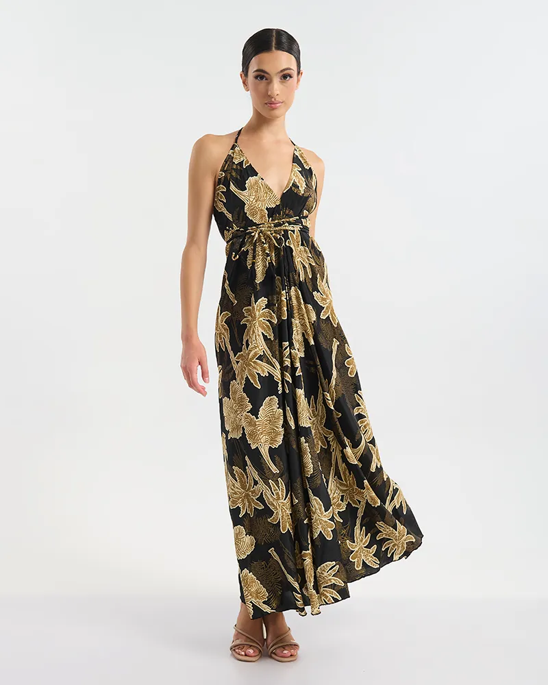 ΦΟΡΕΜΑ ΜΑΚΡΥ ΕΞΩΠΛΑΤΟ ΜΑΥΡΟ/ΧΡΥΣΟ ΦΟΙΝΙΚΕΣ ONE SIZE  (60% SILK 40% POLYESTER)