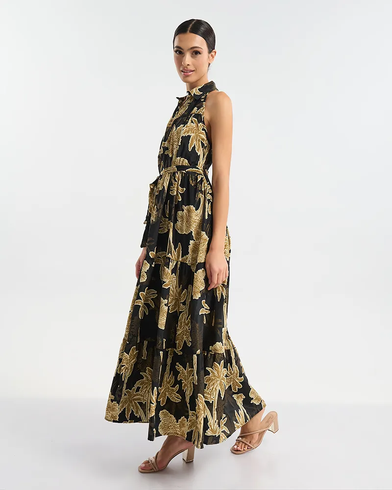 ΦΟΡΕΜΑ ΜΑΚΡΥ ΑΜΑΝΙΚΟ ΜΕ ΚΟΥΜΠΙΑ ΜΑΥΡΟ/ΧΡΥΣΟ ΜΕ ΦΟΙΝΙΚΕΣ ONE SIZE  (60% SILK 40% POLYESTER)