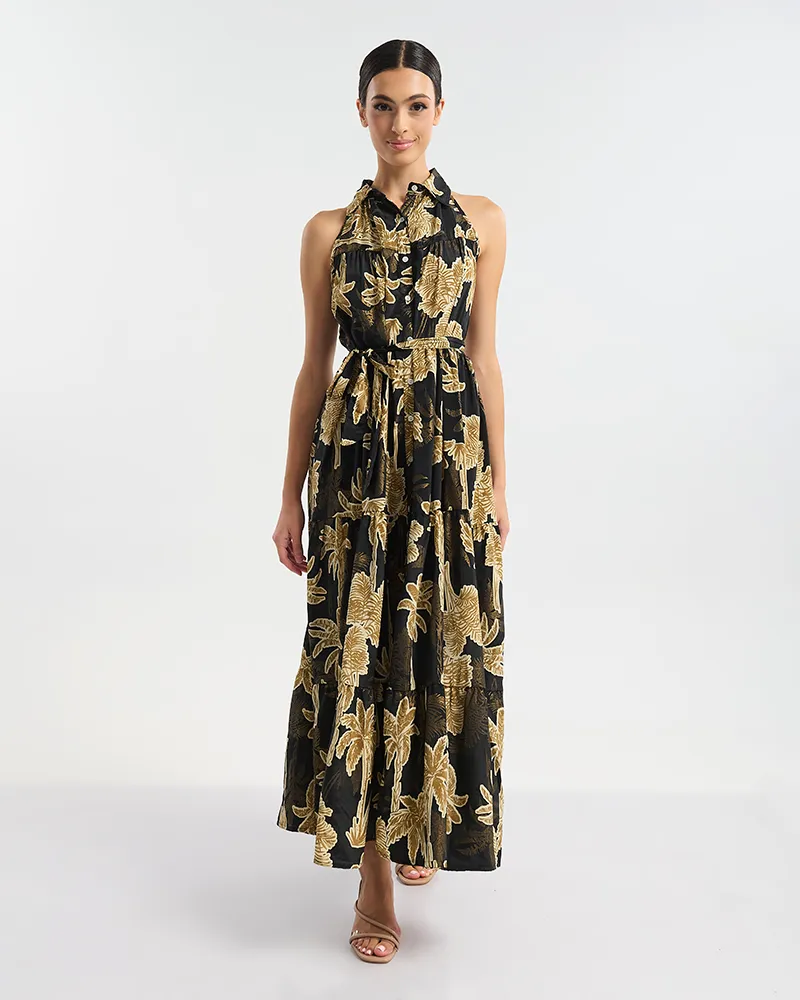 ΦΟΡΕΜΑ ΜΑΚΡΥ ΑΜΑΝΙΚΟ ΜΕ ΚΟΥΜΠΙΑ ΜΑΥΡΟ/ΧΡΥΣΟ ΜΕ ΦΟΙΝΙΚΕΣ ONE SIZE  (60% SILK 40% POLYESTER)