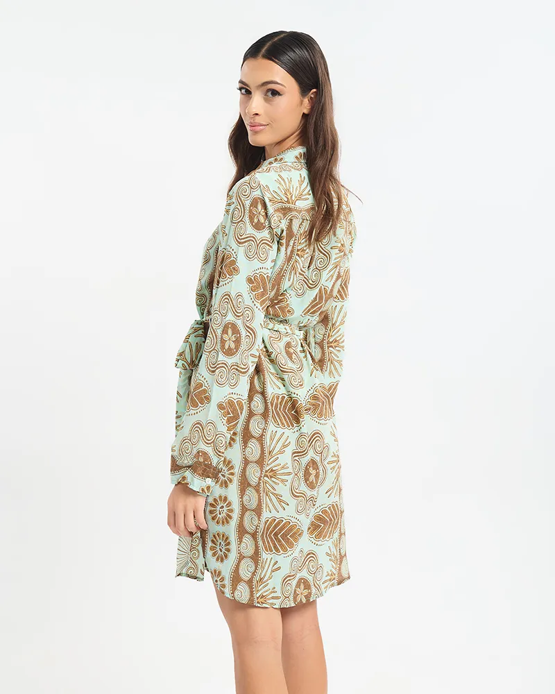 ΠΟΥΚΑΜΙΣΑ ΜΕ ΜΑΚΡΥ ΜΑΝΙΚΙ ΜΕ ΖΩΝΑΚΙ ΤΥΡΚΟΥΑΖ/ΚΑΦΕ ΜΕ ΚΟΧΥΛΙΑ ΚΑΙ ΧΡΥΣΕΣΛΕΠΤΟΜΕΡΕΙΕΣ S/M (60% SILK 40% POLYESTER)