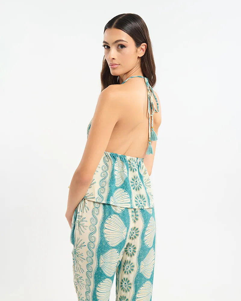 ΤΟΠ ΜΕ ΤΙΡΑΝΤΑ ΤΥΡΚΟΥΑΖ/ΕΚΡΟΎ ΜΕ ΧΡΥΣΕΣ ΛΕΠΤΟΜΕΡΕΙΕΣ ΚΑΙ ΚΟΧΥΛΙΑ ONE SIZE (60% SILK 40% POLYESTER)