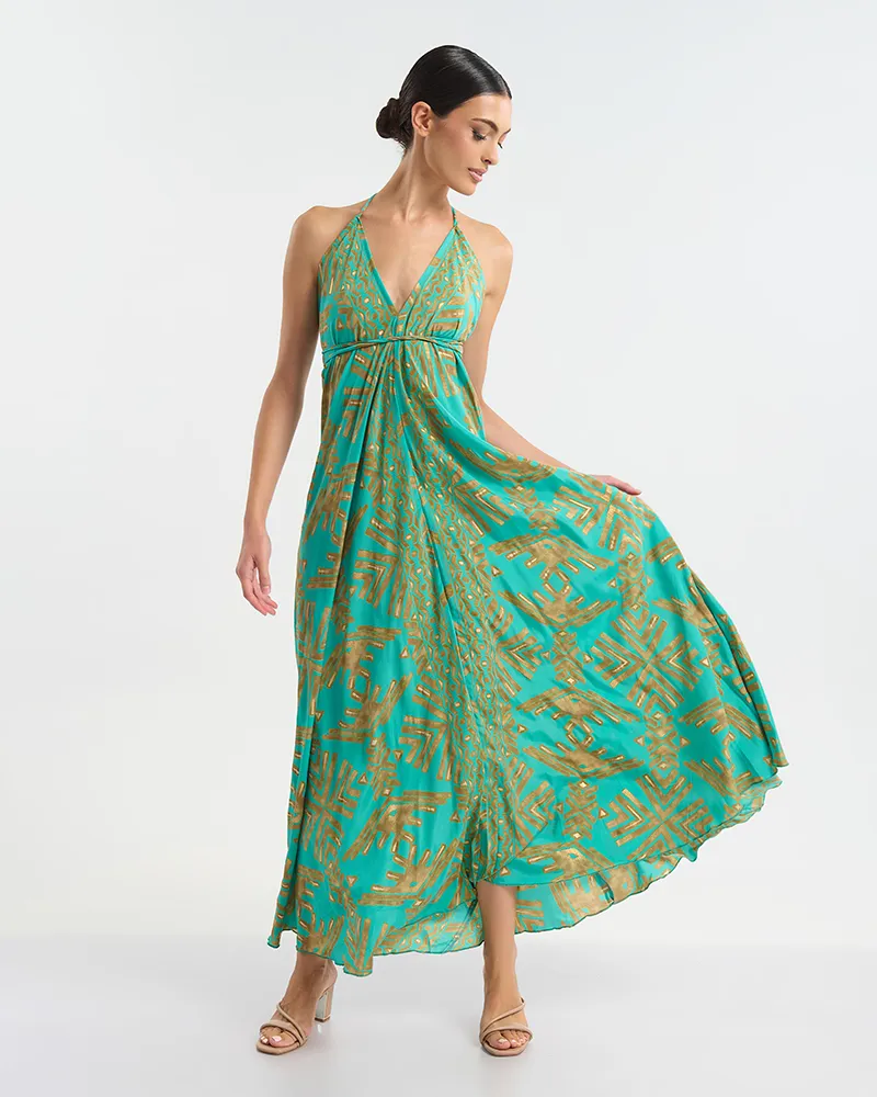 ΜΑΚΡΥ ΕΞΩΠΛΑΤΟ ΦΟΡΕΜΑ ΤΥΡΚΟΥΑΖ/ΠΡΑΣΙΝΟ ΜΕ ΧΡΥΣΕΣ ΛΕΠΤΟΜΕΡΕΙΕΣ ONE SIZE (60% SILK 40% POLYESTER)