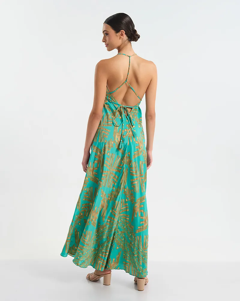 ΜΑΚΡΥ ΕΞΩΠΛΑΤΟ ΦΟΡΕΜΑ ΤΥΡΚΟΥΑΖ/ΠΡΑΣΙΝΟ ΜΕ ΧΡΥΣΕΣ ΛΕΠΤΟΜΕΡΕΙΕΣ ONE SIZE (60% SILK 40% POLYESTER)