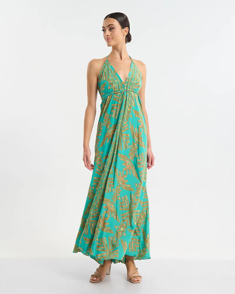 ΜΑΚΡΥ ΕΞΩΠΛΑΤΟ ΦΟΡΕΜΑ ΤΥΡΚΟΥΑΖ/ΠΡΑΣΙΝΟ ΜΕ ΧΡΥΣΕΣ ΛΕΠΤΟΜΕΡΕΙΕΣ ONE SIZE (60% SILK 40% POLYESTER)