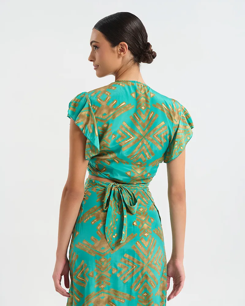 ΚΟΝΤΟ ΤΟΠ ΔΕΤΟ ΤΥΡΚΟΥΑΖ/ΠΡΑΣΙΝΟ ΜΕ ΧΡΥΣΕΣ ΛΕΠΤΟΜΕΡΕΙΕΣ ONE SIZE (60% SILK 40% POLYESTER)