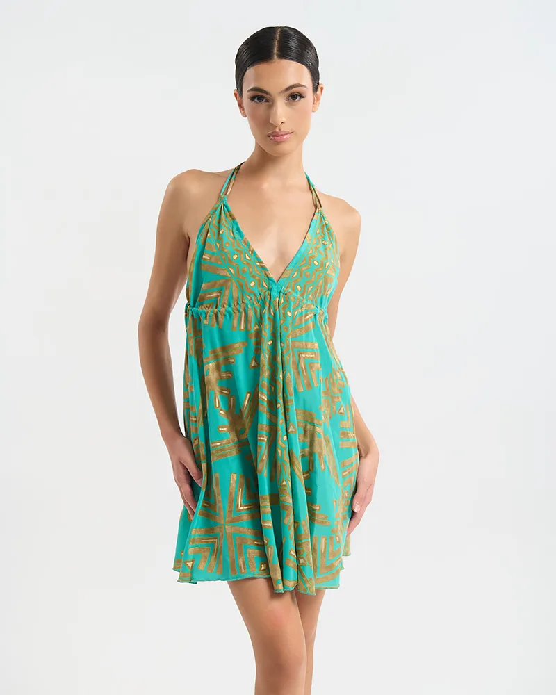 ΦΟΡΕΜΑ ΚΟΝΤΟ ΕΞΩΠΛΑΤΟ ΤΥΡΚΟΥΑΖ/ΠΡΑΣΙΝΟ ΜΕ ΧΡΥΣΕΣ ΛΕΠΤΟΜΕΡΕΙΕΣ ONE SIZE (60% SILK 40% POLYESTER)