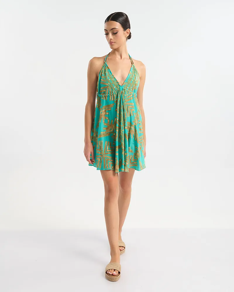 ΦΟΡΕΜΑ ΚΟΝΤΟ ΕΞΩΠΛΑΤΟ ΤΥΡΚΟΥΑΖ/ΠΡΑΣΙΝΟ ΜΕ ΧΡΥΣΕΣ ΛΕΠΤΟΜΕΡΕΙΕΣ ONE SIZE (60% SILK 40% POLYESTER)