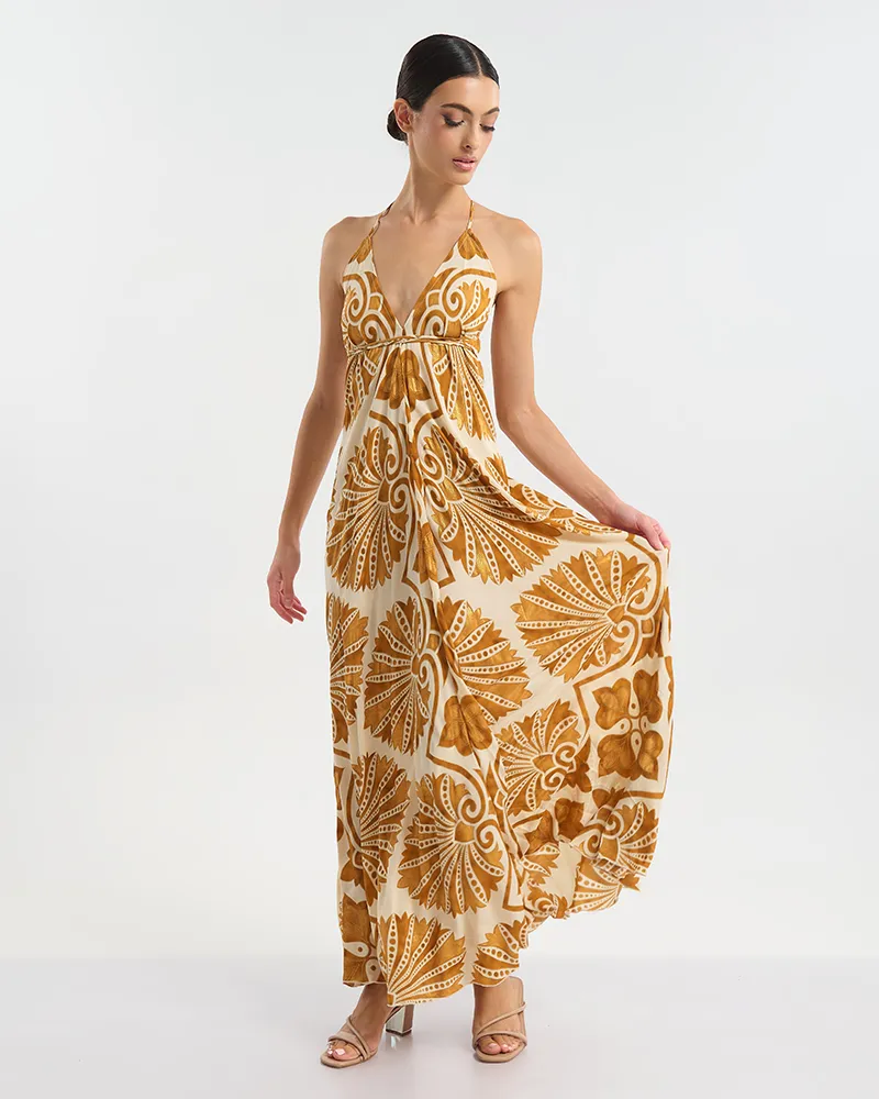 ΦΟΡΕΜΑ  ΕΞΩΠΛΑΤΟ ΜΑΚΡΥ ΣΕ ΕΚΡΟΎ ΧΡΩΜΑ ΜΕ ΧΡΥΣΕΣ ΛΕΠΤΟΜΕΡΕΙΕΣ ONE SIZE (60% SILK 40% POLYESTER)