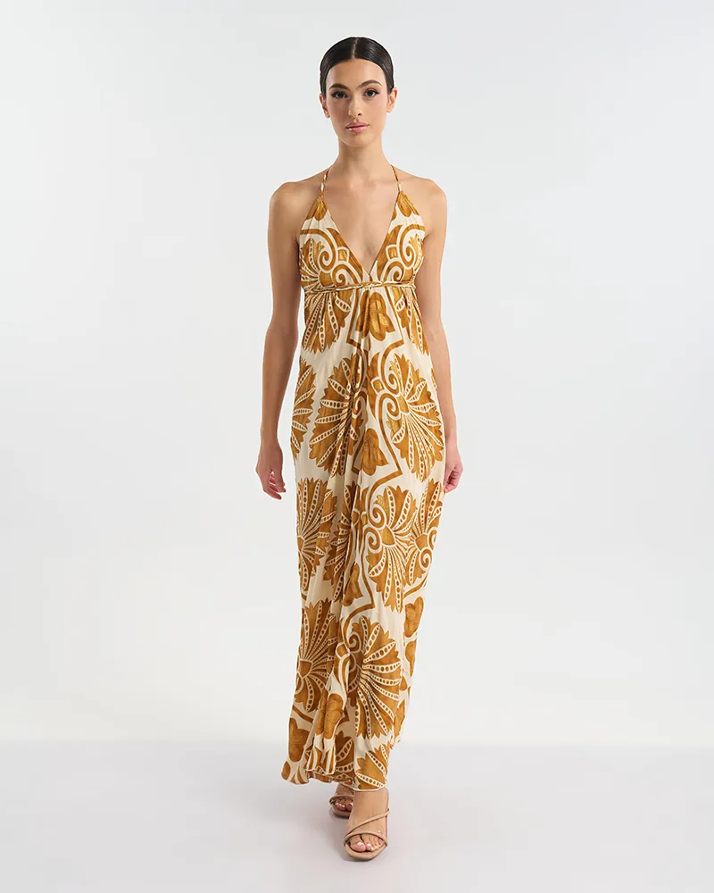 ΦΟΡΕΜΑ  ΕΞΩΠΛΑΤΟ ΜΑΚΡΥ ΣΕ ΕΚΡΟΎ ΧΡΩΜΑ ΜΕ ΧΡΥΣΕΣ ΛΕΠΤΟΜΕΡΕΙΕΣ ONE SIZE (60% SILK 40% POLYESTER)