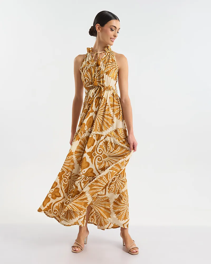 ΦΟΡΕΜΑ ΜΑΚΡΥ ΑΜΑΝΙΚΟ ΣΕ ΕΚΡΟΎ ΧΡΩΜΑ ΜΕ ΧΡΥΣΕΣ ΛΕΠΤΟΜΕΡΕΙΕΣ ONE SIZE  (60% SILK 40% POLYESTER)