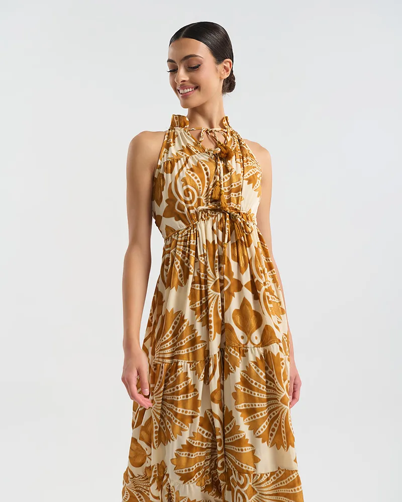 ΦΟΡΕΜΑ ΜΑΚΡΥ ΑΜΑΝΙΚΟ ΣΕ ΕΚΡΟΎ ΧΡΩΜΑ ΜΕ ΧΡΥΣΕΣ ΛΕΠΤΟΜΕΡΕΙΕΣ ONE SIZE  (60% SILK 40% POLYESTER)