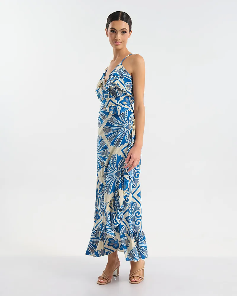 ΜΑΚΡΥ ΦΟΡΕΜΑ  ΚΡΟΥΑΖΕ ΛΕΥΚΟ ΜΕ ΜΠΛΕ/ ΧΡΥΣΕΣ ΛΕΠΤΟΜΕΡΕΙΕΣ ONE SIZE (60% SILK 40% POLYESTER)