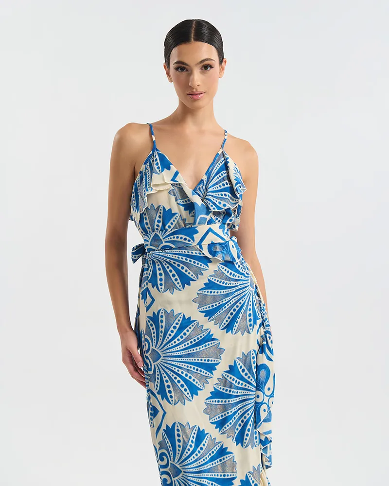 ΜΑΚΡΥ ΦΟΡΕΜΑ  ΚΡΟΥΑΖΕ ΛΕΥΚΟ ΜΕ ΜΠΛΕ/ ΧΡΥΣΕΣ ΛΕΠΤΟΜΕΡΕΙΕΣ ONE SIZE (60% SILK 40% POLYESTER)