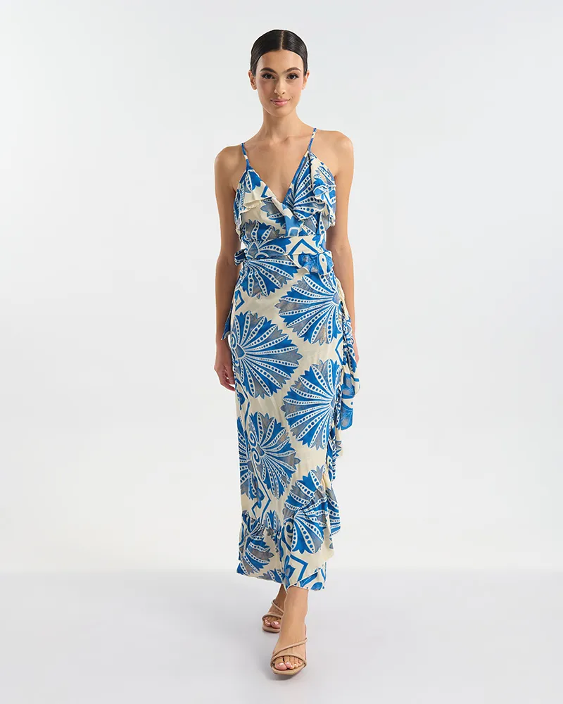 ΜΑΚΡΥ ΦΟΡΕΜΑ  ΚΡΟΥΑΖΕ ΛΕΥΚΟ ΜΕ ΜΠΛΕ/ ΧΡΥΣΕΣ ΛΕΠΤΟΜΕΡΕΙΕΣ ONE SIZE (60% SILK 40% POLYESTER)