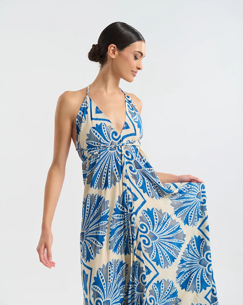 ΦΟΡΕΜΑ ΜΑΚΡΥ ΕΞΩΠΛΑΤΟ ΛΕΥΚΌ ΜΕ ΜΠΛΕ/ ΧΡΥΣΕΣ ΛΕΠΤΟΜΕΡΕΙΕΣ ONE SIZE (60% SILK 40% POLYESTER)