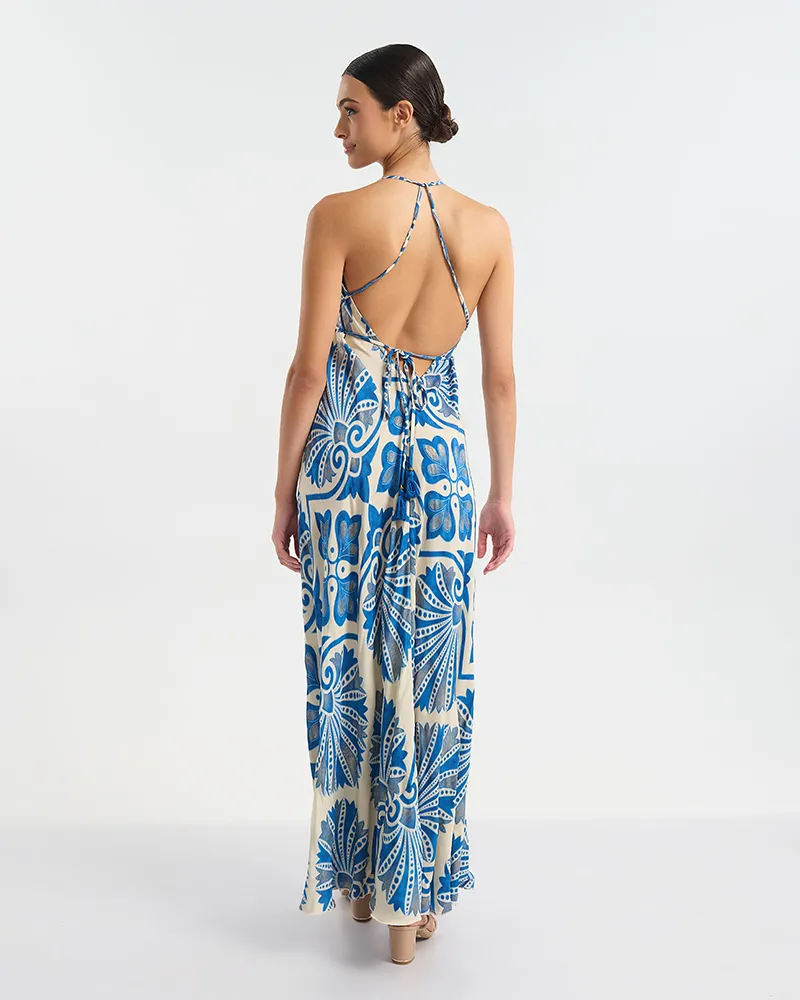 ΦΟΡΕΜΑ ΜΑΚΡΥ ΕΞΩΠΛΑΤΟ ΛΕΥΚΌ ΜΕ ΜΠΛΕ/ ΧΡΥΣΕΣ ΛΕΠΤΟΜΕΡΕΙΕΣ ONE SIZE (60% SILK 40% POLYESTER)