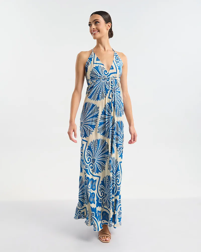 ΦΟΡΕΜΑ ΜΑΚΡΥ ΕΞΩΠΛΑΤΟ ΛΕΥΚΌ ΜΕ ΜΠΛΕ/ ΧΡΥΣΕΣ ΛΕΠΤΟΜΕΡΕΙΕΣ ONE SIZE (60% SILK 40% POLYESTER)