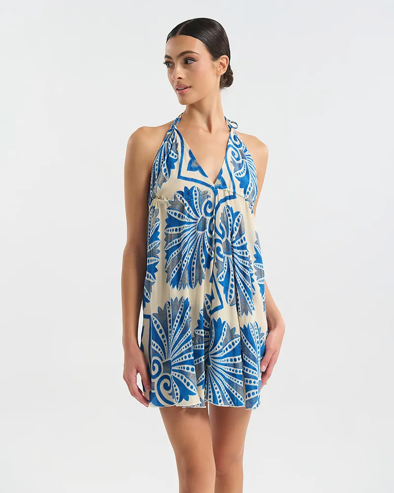 ΦΟΡΕΜΑ ΚΟΝΤΟ ΕΞΩΠΛΑΤΟ ΛΕΥΚΌ ΜΕ ΜΠΛΕ/ ΧΡΥΣΕΣ ΛΕΠΤΟΜΕΡΕΙΕΣ ONE SIZE  (60% SILK 40% POLYESTER)