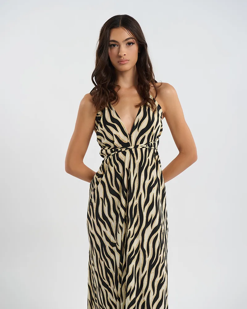 ΦΟΡΕΜΑ ΜΑΚΡΥ ΕΞΩΠΛΑΤΟ ΕΚΡΟΥ/ΜΑΥΡΟ ΜΕ ΖΕΒΡΕ ΛΕΠΤΟΜΕΡΕΙΕΣ ONE SIZE (60% SILK 40% POLYESTER)