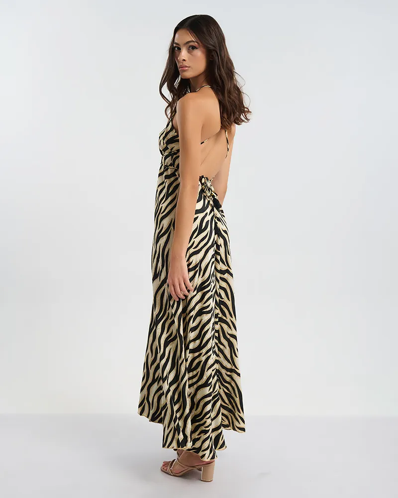 ΦΟΡΕΜΑ ΜΑΚΡΥ ΕΞΩΠΛΑΤΟ ΕΚΡΟΥ/ΜΑΥΡΟ ΜΕ ΖΕΒΡΕ ΛΕΠΤΟΜΕΡΕΙΕΣ ONE SIZE (60% SILK 40% POLYESTER)