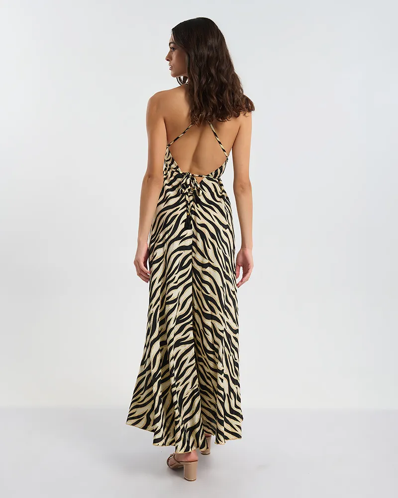 ΦΟΡΕΜΑ ΜΑΚΡΥ ΕΞΩΠΛΑΤΟ ΕΚΡΟΥ/ΜΑΥΡΟ ΜΕ ΖΕΒΡΕ ΛΕΠΤΟΜΕΡΕΙΕΣ ONE SIZE (60% SILK 40% POLYESTER)