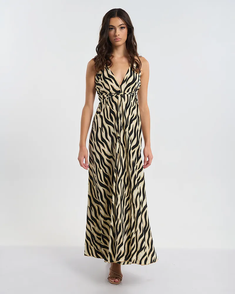 ΦΟΡΕΜΑ ΜΑΚΡΥ ΕΞΩΠΛΑΤΟ ΕΚΡΟΥ/ΜΑΥΡΟ ΜΕ ΖΕΒΡΕ ΛΕΠΤΟΜΕΡΕΙΕΣ ONE SIZE (60% SILK 40% POLYESTER)